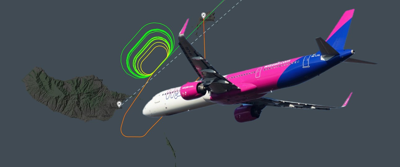 Ein Airbus A321 Neo von Wizz Air und der Flugverlauf vor Madeira: Viele Runden, dann Landung auf der Nachbarinsel.