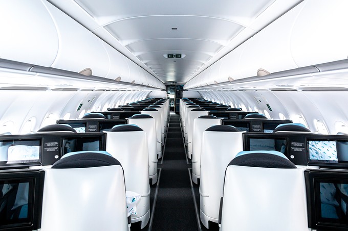 Volle Business-Class-Bestuhlung: Die Airline La Compagnie fliegt mit einer 2-2 Konfiguration über den Atlantik.