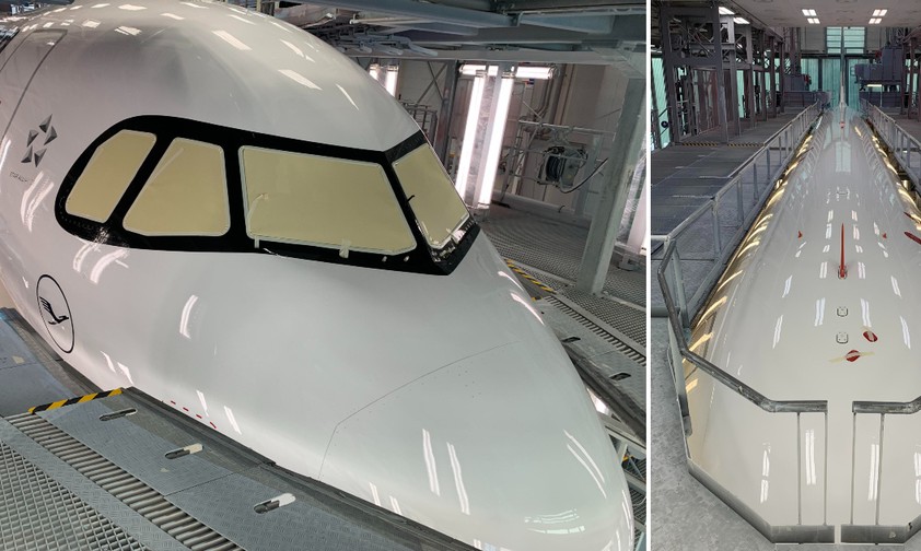 Lackierung bei Airbus: Links ein Airbus A321 Neo von Lufthansa, rechts ein Jet für Jetsmart aus Chile.