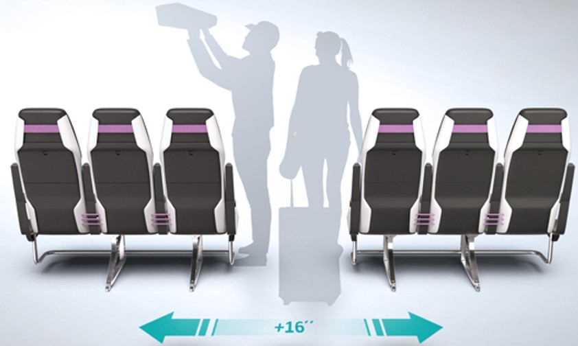 Innovative Aircraft Seat vom Passme-Konsortium, nominiert in der Kategorie Kabinensysteme des Crystal Cabin Award: Der Gang einer Boeing 737-800 soll durch Zusammenschieben der Sitze 32 statt nur 16 Zoll (40,6 Zentimeter) breit sein.