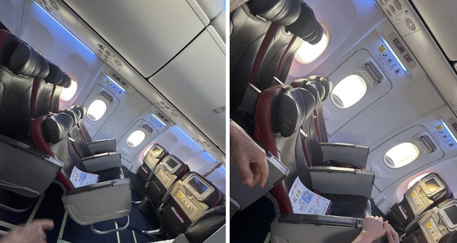 Sitzreihen in einer 737 von batik Air: Die Reihe ist beim Start nach hinten gekippt.