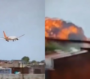 Die Boeing 787 von Air India kurz vor dem Crash über Häusern von Ahemdabad: Riesiger Feuerball.