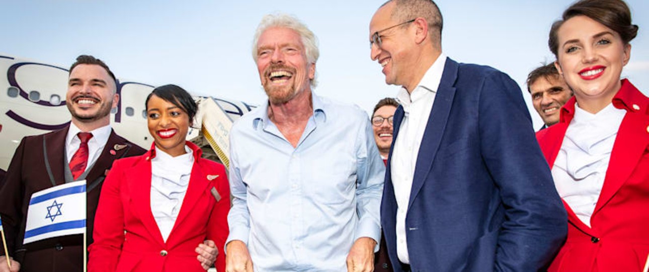 Virgin-Atlantic-Gründer Richard Branson (Mitte): Seine Airline expandierte 2019 unter anderem mit einer Tel-Aviv-Route