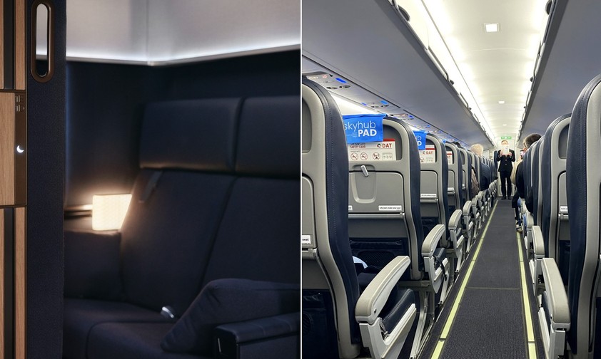 Lufthansas Allegris-First-Class links, die ATR-72-Kabine von DAT rechts: Kann man zusammen buchen.