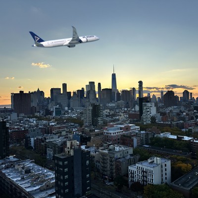 Boeing 787 von Air Astana über New York (Montage): Klappt es 2027?
