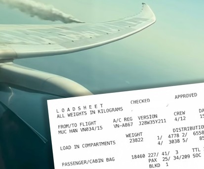 Zu sehen: Die Aufnahme eines Fluggastes zeigt, wie Flug VN34 Treibstoff ablassen musste - und ein Blick auf einen Teil des Load Sheets.
