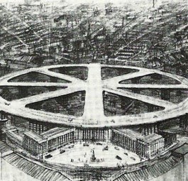 King's Cross, Großbritannien: Architect Charles W. Glover präsentierte 1931 einen Flughafen mitten in London. Die Flugzeuge hätten auf den Pisten – den Speichen des Rades - aufgesetzt und dann am Rand geparkt. Hochhäuser gab es damals noch keine.