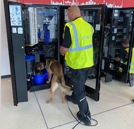 Hund und Hundeführer beschnüffeln einen Getränkeautomaten:  Sie machen den BER sauber.