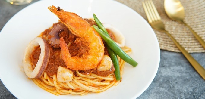 Pasta Pescatore - hier befindet sich das Insektenpulver in der Sauce.