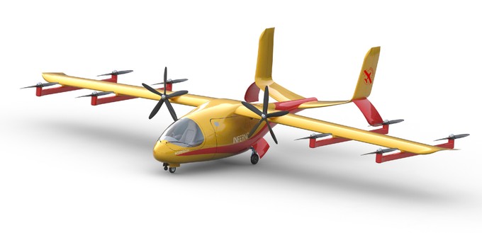 1. Platz: Inferno (kurz für INtelligent FirE RespoNse Operation) vom Siegerteam der Universität Stuttgart nutzt acht horizontale Rotoren, um senkrecht starten und landen zu können, und zwei Propeller für den Vorwärtsflug. Möglich gemacht wird dies durch das hybridelektrische Antriebskonzept, das durch SAF angetrieben wird. Das Fluggerät nutzt zwei verschiedene Methoden, um Wasser auch von kleinen Gewässern aufzunehmen. Da Inferno von einer Person an Bord gesteuert wird, hat das Team ein umfangreiches Cockpitdesign entwickelt, um auch bei schlechter Sicht und bei Nacht sicher fliegen zu können. Inferno ist hoch modular entworfen, um auch Fracht oder Passagiere zu transportieren. Um die Löschaktivitäten noch effektiver zu machen, sieht das Betriebskonzept die Möglichkeit zur Luftbetankung vor.