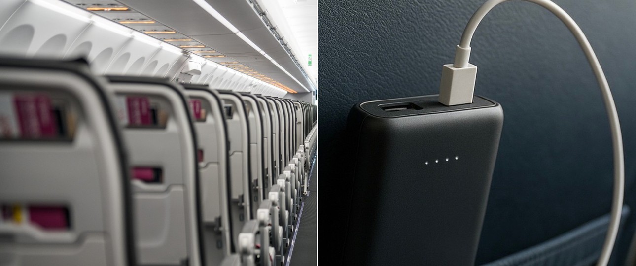 Links eine Eurowings-Kabine, rechts eine Powerbank (KI-Bild): Nicht verborgen im Handgepäck nutzen.