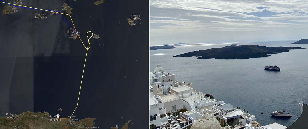 Die Flugroute und Schiffe vor Santorini (Archivbild): Mit einem anderen Verkehrsmittel ans Ziel.