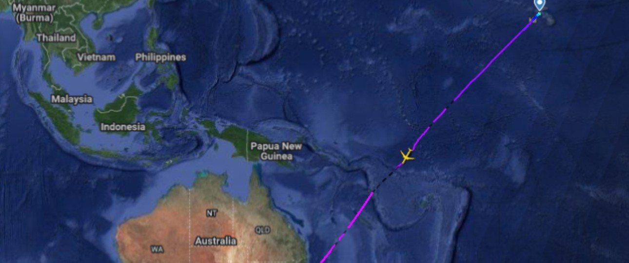 Die Flugroute von Honolulu nach Sydney: Unten vor allem Wasser.
