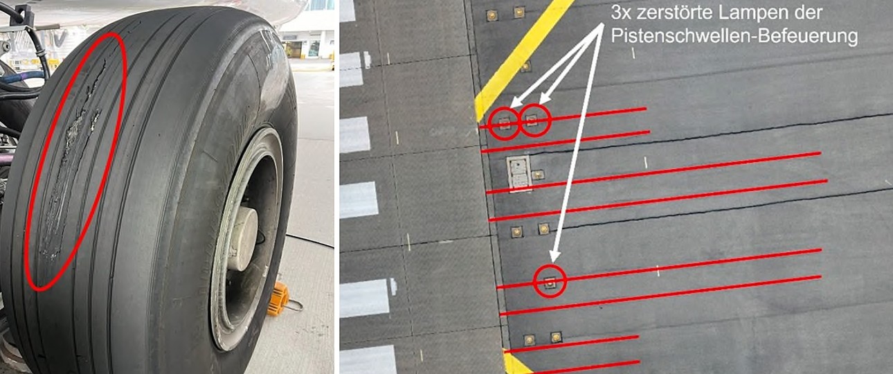 Beschädigter Reifen, spuren und zerstörte Lampen: Ein Airbus A380 von Lufthansa setzte in München zu früh auf.