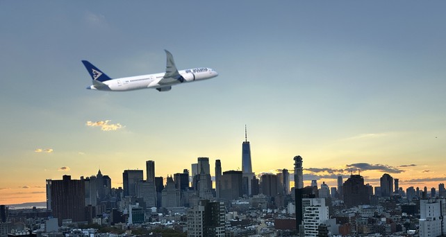 Boeing 787 von Air Astana über New York (Montage): Klappt es 2027?