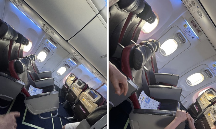 Sitzreihen in einer 737 von batik Air: Die Reihe ist beim Start nach hinten gekippt.