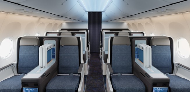 Die Business Class in Flydubais neuen Fliegern: Angeordnet in der Sitzkonfiguration 2-2, 1-1-, 2-2.