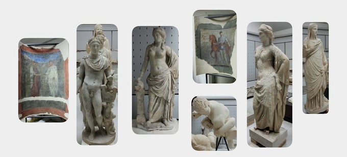 Sieben antike Artefakte sind vor Ort ausgestellt.