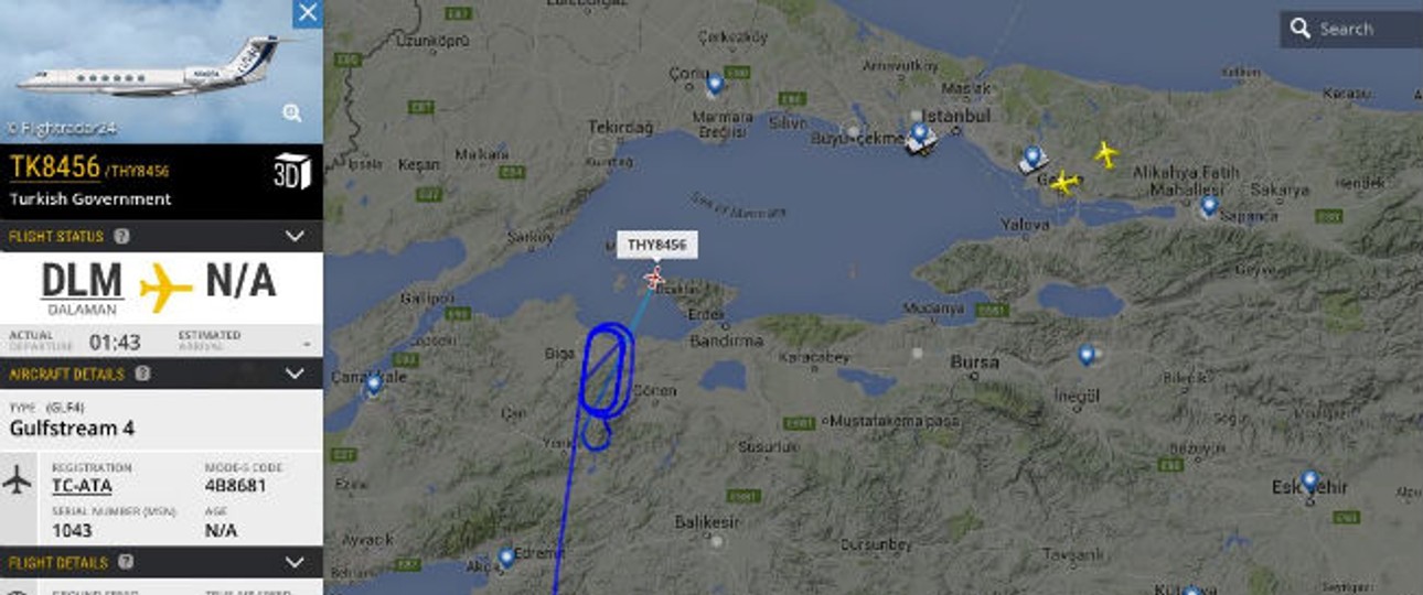 Erdogans Flieger in der Putschnacht bei Flightradar 24: Kennung von Turkish Airlines.