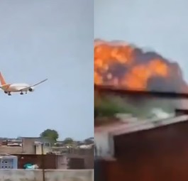 Die Boeing 787 von Air India kurz vor dem Crash über Häusern von Ahemdabad: Riesiger Feuerball.