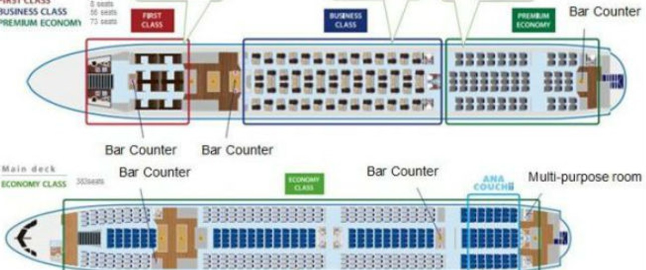 Die Konfiguration der A380 von ANA All Nippon Airways.