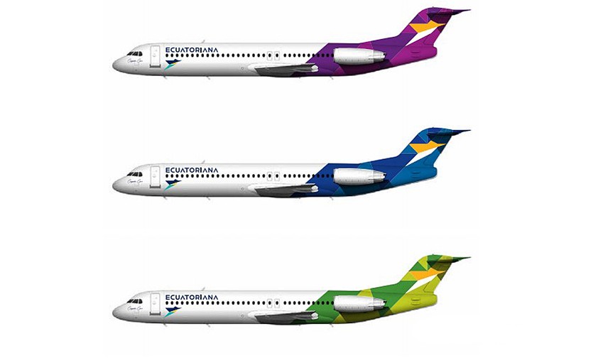 Farbschema von Ecuatoriana Airlines: Die Airline setzt auf Boeing 717, zeigt ihr Design aber anhand von Fokker 100.