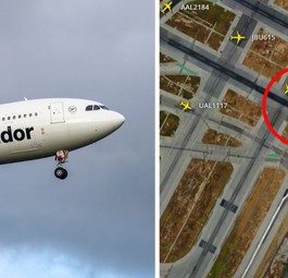 Die Aufzeichnung von Flightradar 24 zeigt die Starts der Jets von American und von Condor (rot) sowie die Landung des Hawaiian-Fliegers - und das Frontier-Flugzeug neben der Piste.