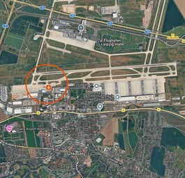 Der südliche Teil des Flughafens Leipzig/Halle: Die Markierung zeigt, wo die Frachter von Antonov Airlines stehen. 