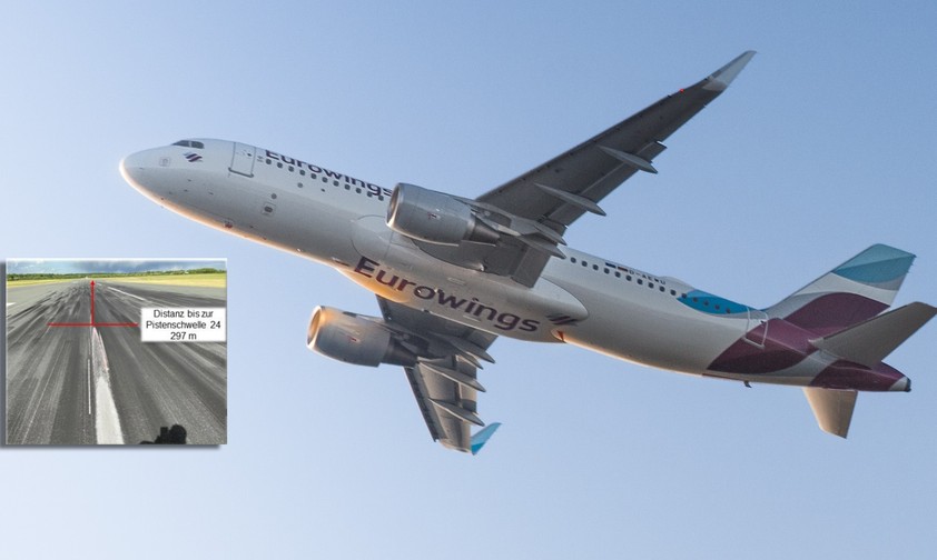 Ein Airbus A320 von Eurowings und ein Bild der Pistenspur in Paderborn: Flug EW6838 erlitt einen Tailstrike.