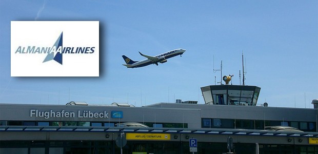 Logo von AA Almania Airlines. Der Flughafen Lübeck ist optimistisch.