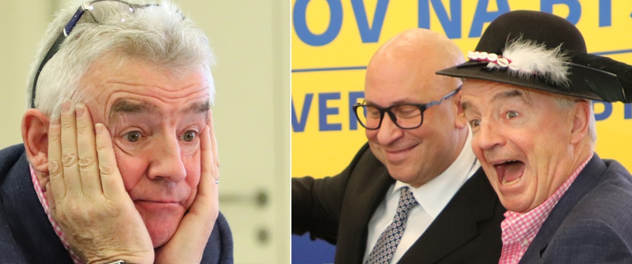 Michael O'Leary in Wien (links) und Bratislava: Ein Mann, zwei Gesichter.