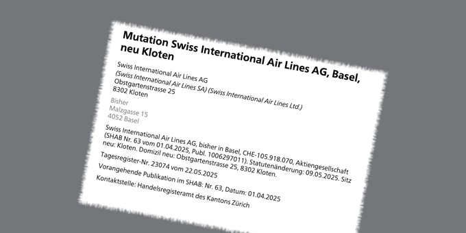 Der Änderungseintrag von Swiss im Handelsregister: Kloten statt Basel.