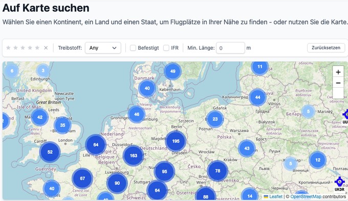 Karte von airfield.directory: das neue Portal bietet schon über 2350 Pilotenberichte.