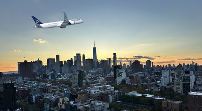 Boeing 787 von Air Astana über New York (Montage): Klappt es 2027?