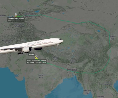 Air India One Flugverlauf nach Tashkent: Indiens Premierminister musste einen großen Umweg nehmen.