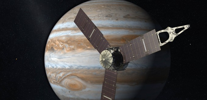 Computerskizze der Raumsonde Juno: Die Sonde startete im August 2011 zum Jupiter. Nach etwa 2,8 Milliarden Kilometern Flugstrecke erreichte die Sonde den Gasriesen im Jahr 2016.
