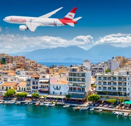 Boeing 777 von Austrian Airlines über Kreta (Montage): Bald wirklich zu sehen.