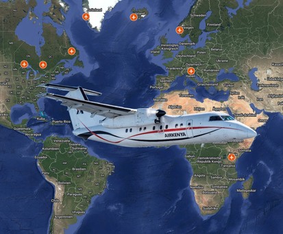 Eine Dash 8 von Air Kenya und die bisherigen Stopps der Auslieferungsroute: Kleiner Flieger, langer Weg.