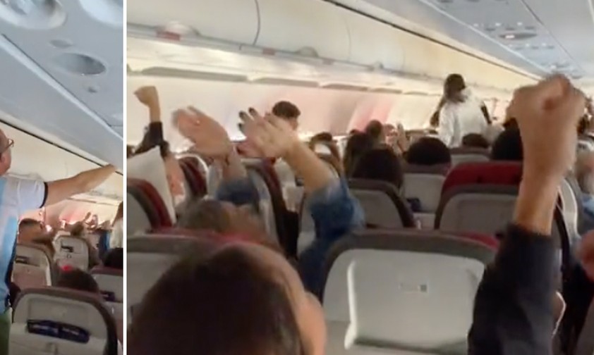 Jubelnde Argentinierinnen und Argentinier im Flugzeug: Vom Sieg an Bord erfahren.