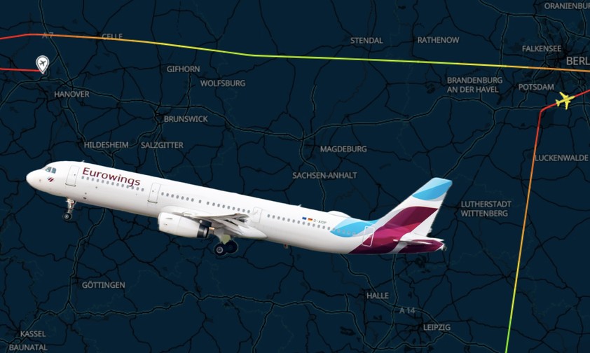 Ein Airbus A321 von Eurowings und der Flugverlauf am 27. Juli 2024: Von Berlin weiter nach Hannover.
