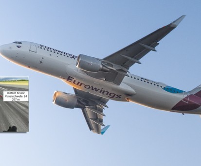 Ein Airbus A320 von Eurowings und ein Bild der Pistenspur in Paderborn: Flug EW6838 erlitt einen Tailstrike.