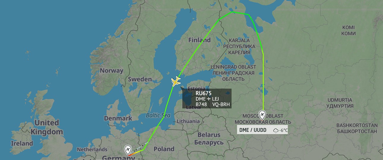 Auf dem Weg nach Leipzig: Air Bridge Cargo Flug RU675 flog einen großen Bogen über Finnland.
