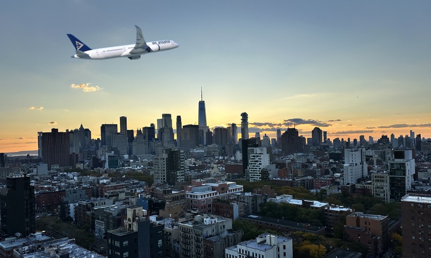 Boeing 787 von Air Astana über New York (Montage): Klappt es 2027?