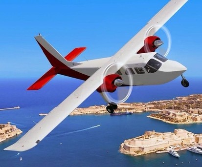 Eine Fotomontage zeigt, wie die Flugverbindung aussehen könnte: Von Malta nach Gozo.