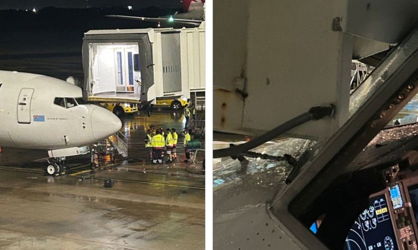 Bilder des Zwischenfalls mit Fiji Airways: Die Fluggastbrücke hat die Cockpitscheibe getroffen.
