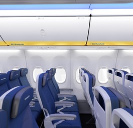 Neue Ryanair-Kabine: Ein dezentes Blau ersetzt das knallige Blau der alten Sitze. Die Sessel sind zudem dünner, was mehr Platz schafft.
