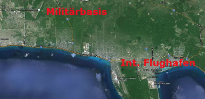 Leicht zu verwechseln: Der Zivilflughafen von Santo Domingo (rechts) liegt nur zwölf Meilen entfernt vom Militärflughafen (links).
