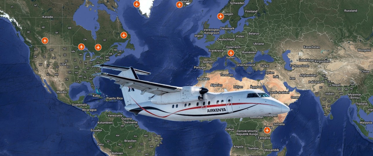Eine Dash 8 von Air Kenya und die bisherigen Stopps der Auslieferungsroute: Kleiner Flieger, langer Weg.
