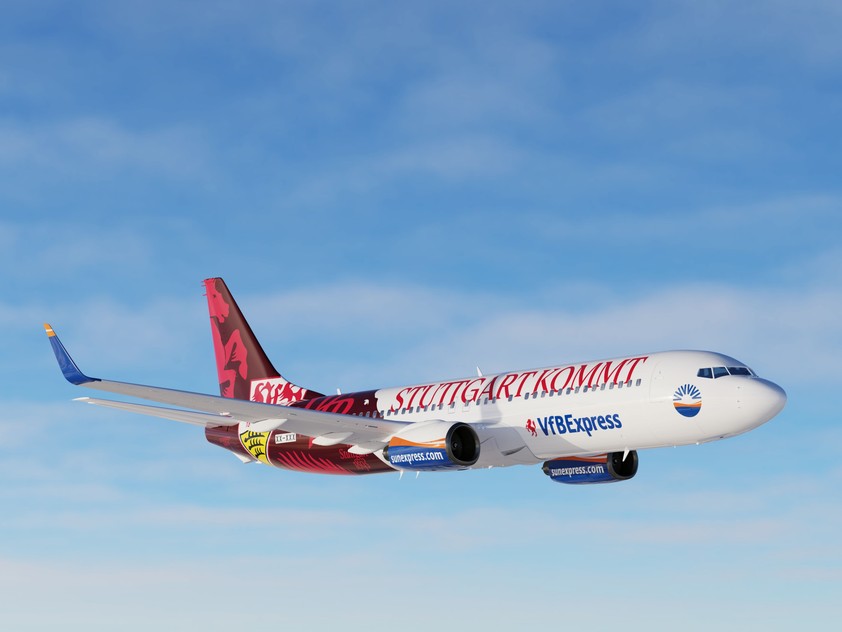 So sieht die Sonderlackierung von Sun Express für den VfB Stuttgart künftig aus: Sie wird auf einer Boeing 737 angebracht.