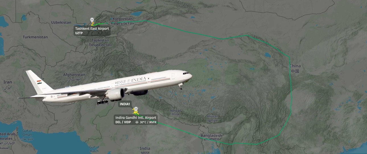 Air India One Flugverlauf nach Tashkent: Indiens Premierminister musste einen großen Umweg nehmen.